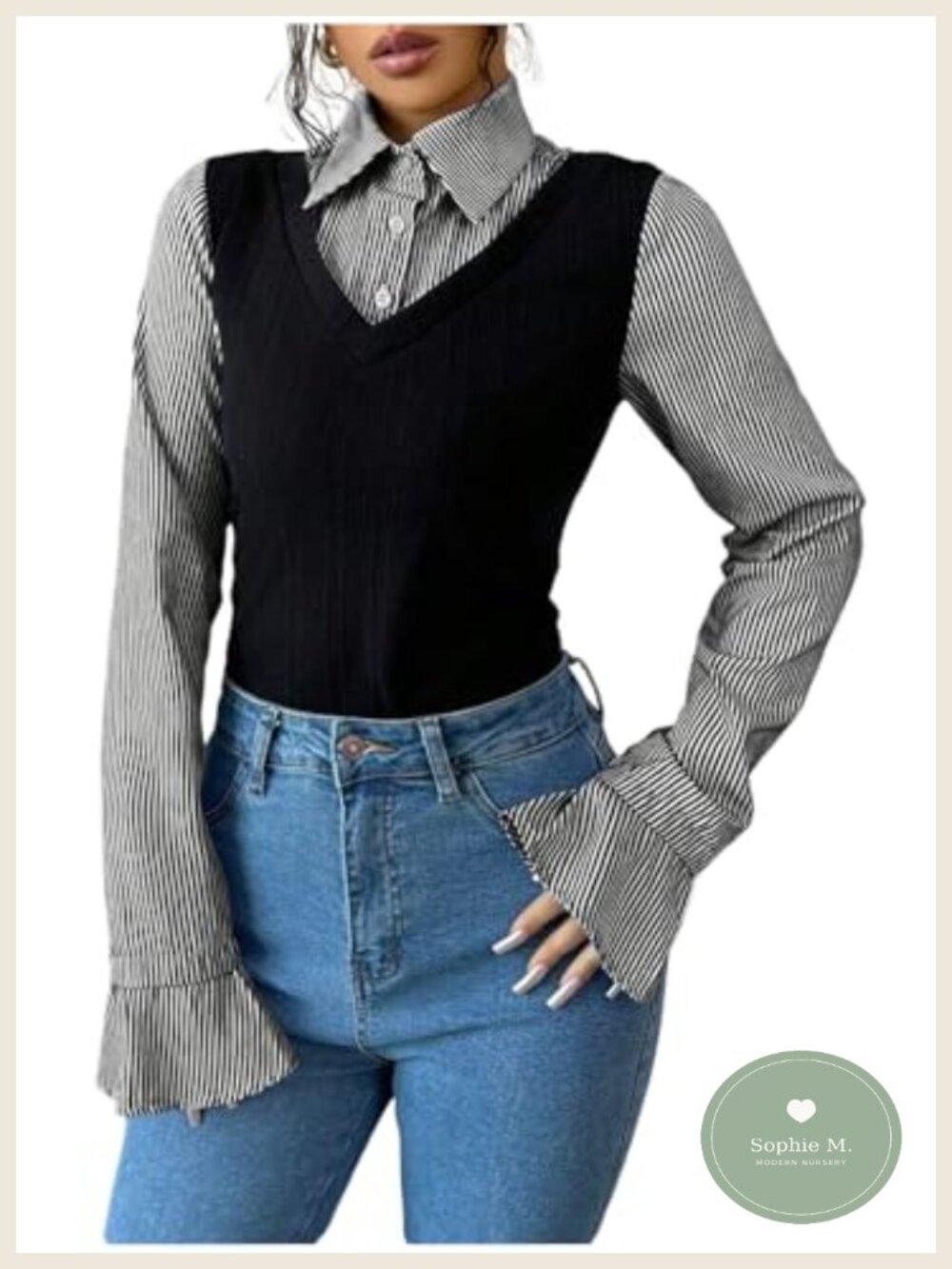 Women's Striped Blouse Long Sleeve Collared Button Front Dressy Fall Shirt